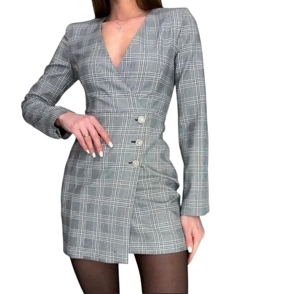 Zara Black & White Plaid Wrap Front Rhinestone Button Blazer Mini Dress - XS - Picture 2 of 16